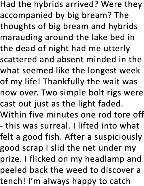 Had the hybrids arrived? Were they accompanied by big bream? The thoughts of big bream and hybrids marauding around t...