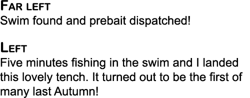 Far left Swim found and prebait dispatched! Left Five minutes fishing in the swim and I landed this lovely tench. It ...