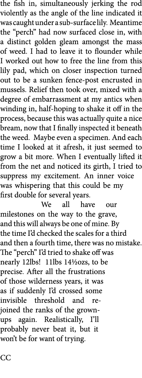 the fish in, simultaneously jerking the rod violently as the angle of the line indicated it was caught under a sub-su...