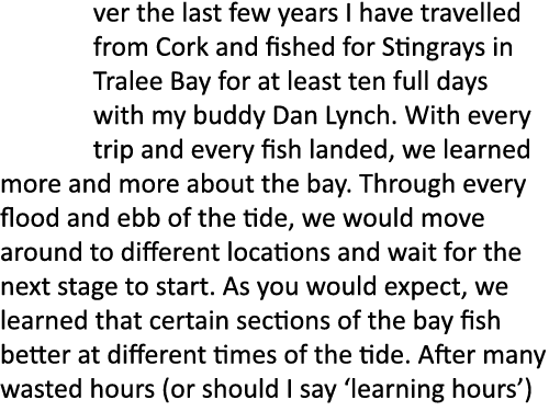Over the last few years I have travelled from Cork and fished for Stingrays in Tralee Bay for at least ten full days ...