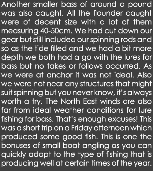 Another smaller bass of around a pound was also caught. All the flounder caught were of decent size with a lot of the...