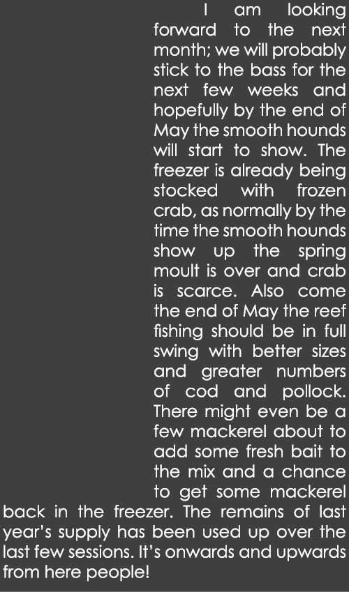  I am looking forward to the next month; we will probably stick to the bass for the next few weeks and hopefully by t...