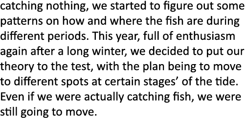 catching nothing, we started to figure out some patterns on how and where the fish are during different periods. This...