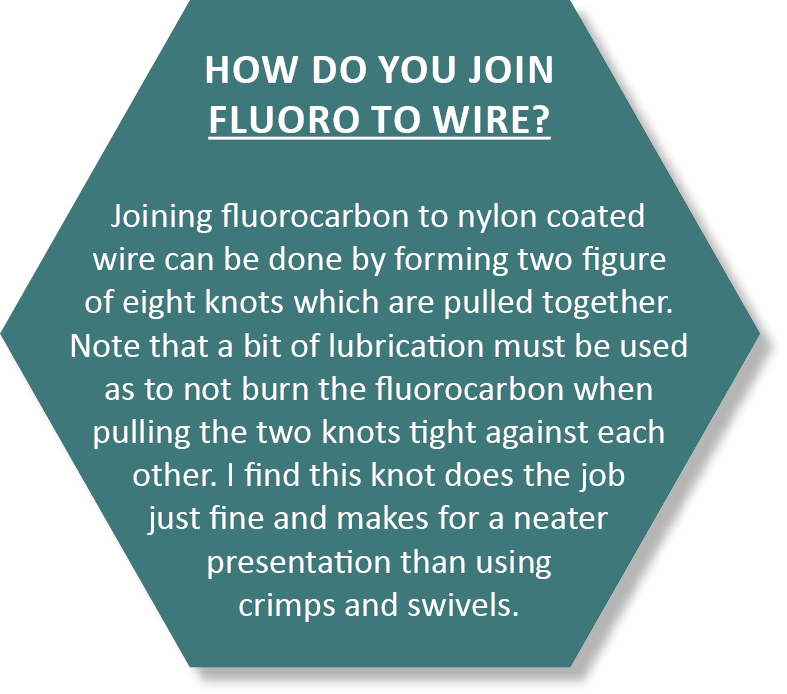 How do you join fluoro to wire? Joining fluorocarbon to nylon coated wire can be done by forming two figure of eight ...
