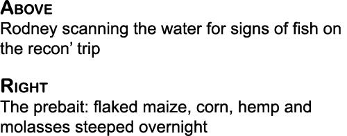 Above Rodney scanning the water for signs of fish on the recon’ trip Right The prebait: flaked maize, corn, hemp and ...
