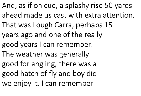 And, as if on cue, a splashy rise 50 yards ahead made us cast with extra attention. That was Lough Carra, perhaps 15 ...