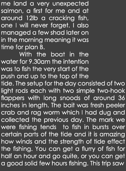 me land a very unexpected salmon, a first for me and at around 12lb a cracking fish, one I will never forget. I also ...