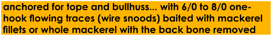 anchored for tope and bullhuss... with 6/0 to 8/0 one-hook flowing traces (wire snoods) baited with mackerel fillets ...