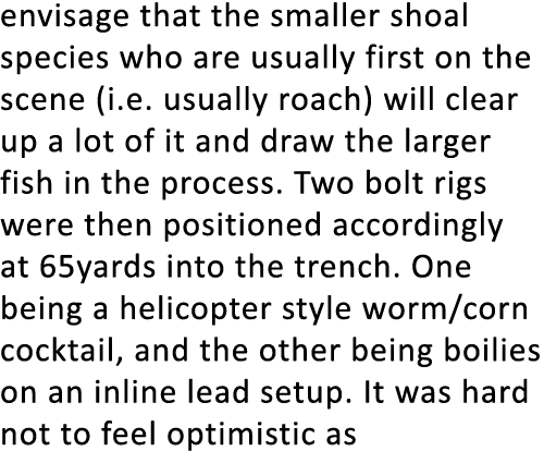 envisage that the smaller shoal species who are usually first on the scene (i.e. usually roach) will clear up a lot o...