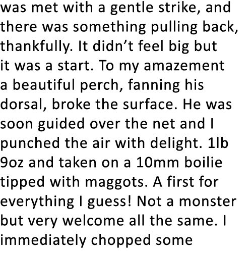 was met with a gentle strike, and there was something pulling back, thankfully. It didn’t feel big but it was a start...