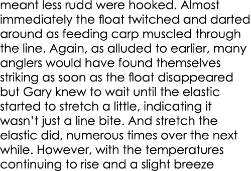 meant less rudd were hooked. Almost immediately the float twitched and darted around as feeding carp muscled through ...