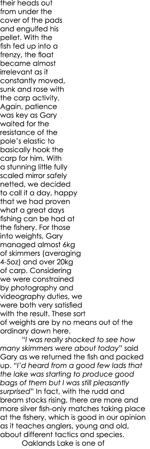 their heads out from under the cover of the pads and engulfed his pellet. With the fish fed up into a frenzy, the flo...