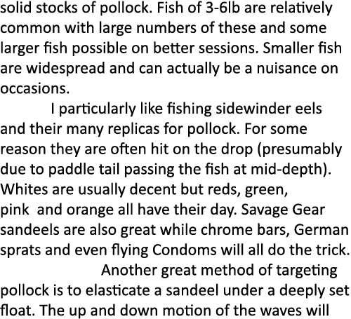 solid stocks of pollock. Fish of 3-6lb are relatively common with large numbers of these and some larger fish possibl...