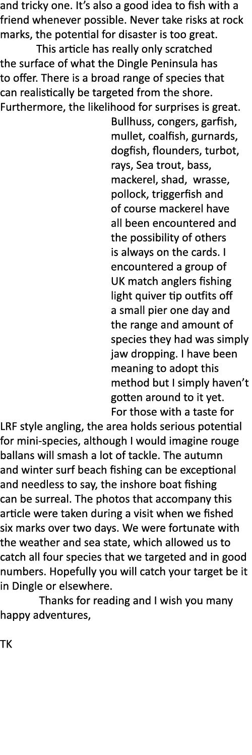 and tricky one. It’s also a good idea to fish with a friend whenever possible. Never take risks at rock marks, the po...
