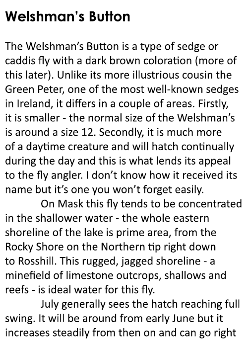 Welshman’s Button The Welshman’s Button is a type of sedge or caddis fly with a dark brown coloration (more of this l...