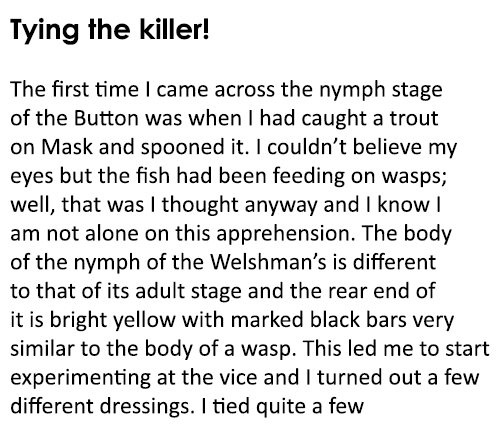 Tying the killer! The first time I came across the nymph stage of the Button was when I had caught a trout on Mask an...