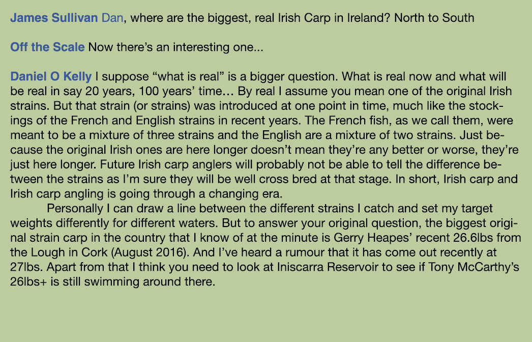 James Sullivan Dan, where are the biggest, real Irish Carp in Ireland? North to South Off the Scale Now there’s an in...