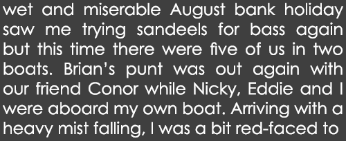 wet and miserable August bank holiday saw me trying sandeels for bass again but this time there were five of us in tw...