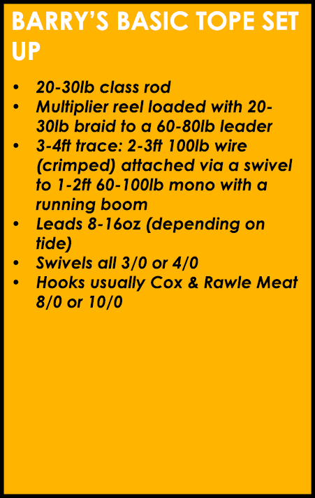 Barry’s basic tope set up 20-30lb class rod Multiplier reel loaded with 20-30lb braid to a 60-80lb leader 3-4ft trace...