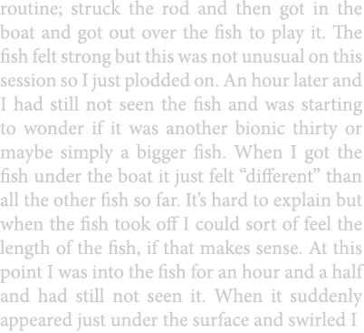 routine; struck the rod and then got in the boat and got out over the fish to play it. The fish felt strong but this ...