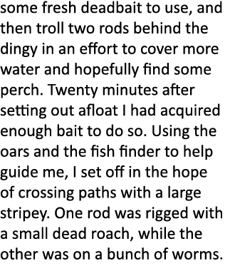 some fresh deadbait to use, and then troll two rods behind the dingy in an effort to cover more water and hopefully f...