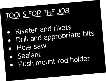 Tools for the job Riveter and rivets Drill and appropriate bits Hole saw Sealant Flush mount rod holder 