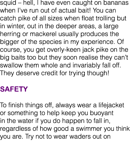 squid – hell, I have even caught on bananas when I’ve run out of actual bait! You can catch pike of all sizes when fl...