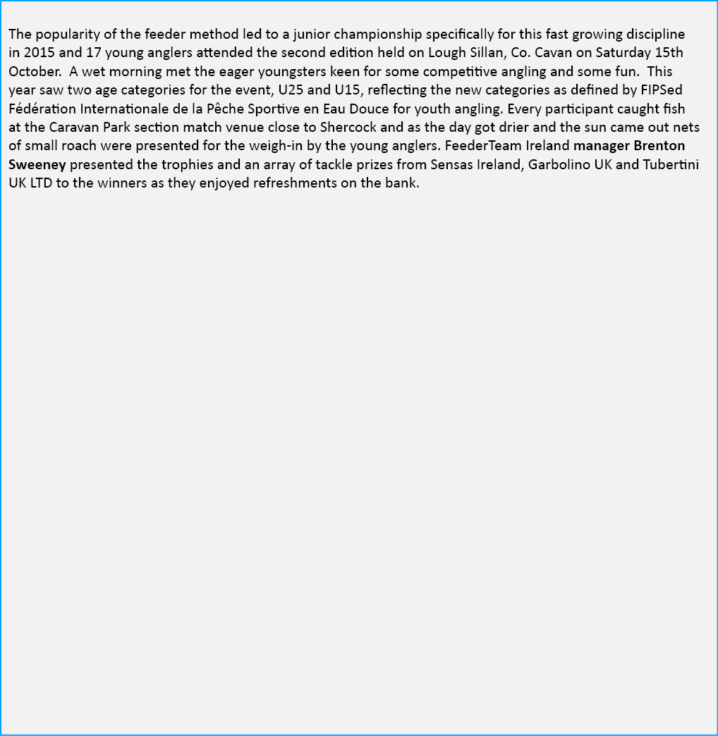  The popularity of the feeder method led to a junior championship specifically for this fast growing discipline in 20...