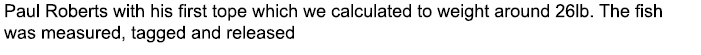 Paul Roberts with his first tope which we calculated to weight around 26lb. The fish was measured, tagged and released
