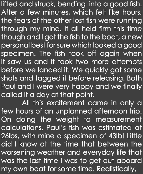 lifted and struck, bending into a good fish. After a few minutes, which felt like hours, the fears of the other lost ...