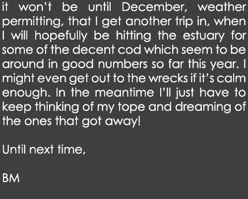 it won’t be until December, weather permitting, that I get another trip in, when I will hopefully be hitting the estu...