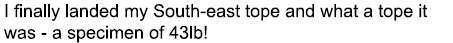 I finally landed my South-east tope and what a tope it was - a specimen of 43lb!