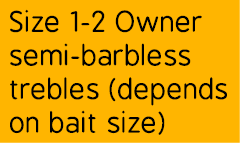 Size 1-2 Owner semi-barbless trebles (depends on bait size)