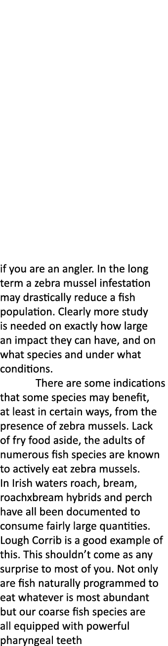 if you are an angler. In the long term a zebra mussel infestation may drastically reduce a fish population. Clearly m...