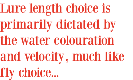 Lure length choice is primarily dictated by the water colouration and velocity, much like fly choice...