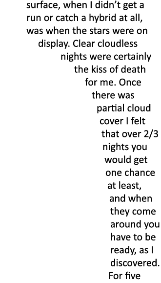 surface, when I didn’t get a run or catch a hybrid at all, was when the stars were on display. Clear cloudless nights...