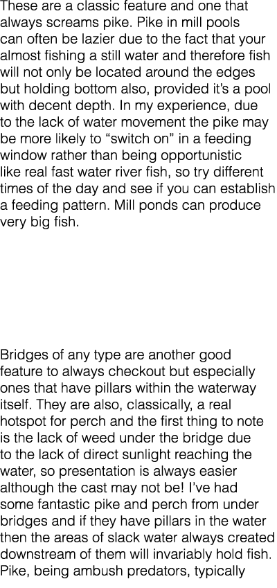 These are a classic feature and one that always screams pike. Pike in mill pools can often be lazier due to the fact ...