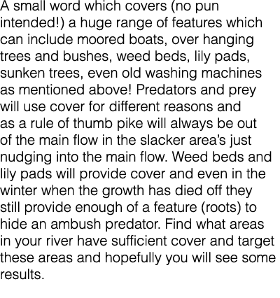 A small word which covers (no pun intended!) a huge range of features which can include moored boats, over hanging tr...