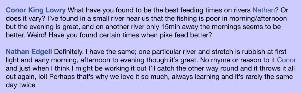 Conor King Lowry What have you found to be the best feeding times on rivers Nathan? Or does it vary? I’ve found in a ...