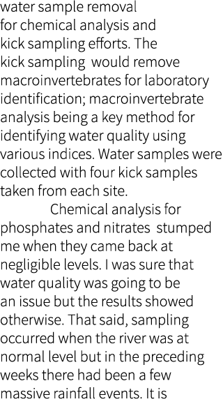 water sample removal for chemical analysis and kick sampling efforts. The kick sampling would remove macroinvertebrat...