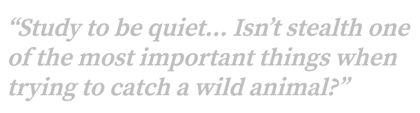 “Study to be quiet... Isn’t stealth one of the most important things when trying to catch a wild animal?”