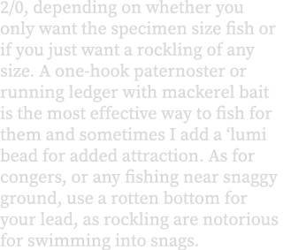 2/0, depending on whether you only want the specimen size fish or if you just want a rockling of any size. A one-hook...