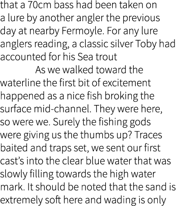 that a 70cm bass had been taken on a lure by another angler the previous day at nearby Fermoyle. For any lure anglers...