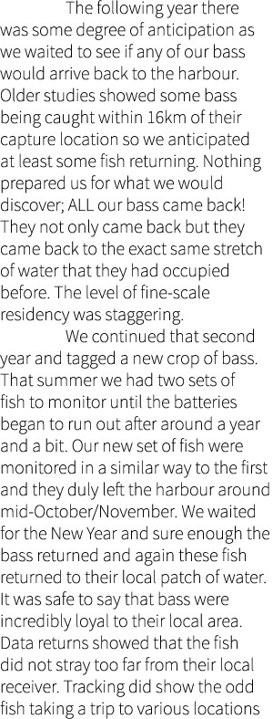  The following year there was some degree of anticipation as we waited to see if any of our bass would arrive back to...