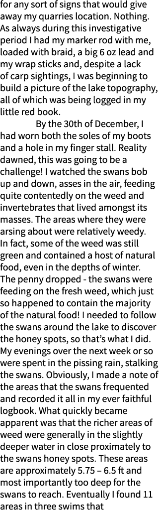 for any sort of signs that would give away my quarries location. Nothing. As always during this investigative period ...
