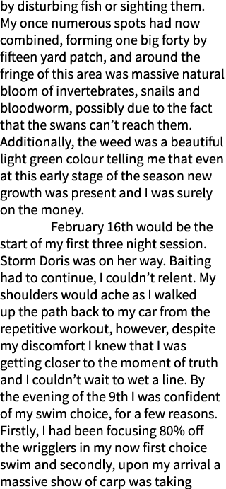 by disturbing fish or sighting them. My once numerous spots had now combined, forming one big forty by fifteen yard p...