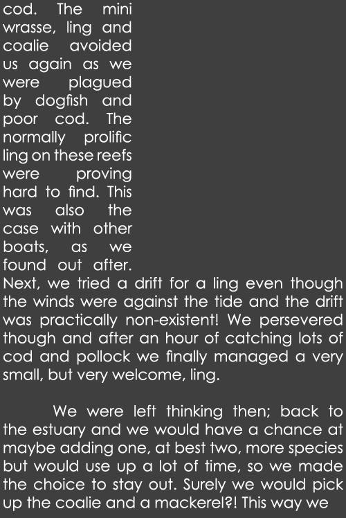 cod. The mini wrasse, ling and coalie avoided us again as we were plagued by dogfish and poor cod. The normally proli...