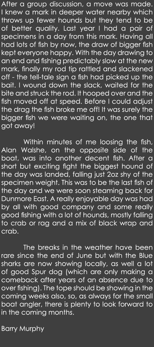 After a group discussion, a move was made. I knew a mark in deeper water nearby which throws up fewer hounds but they...