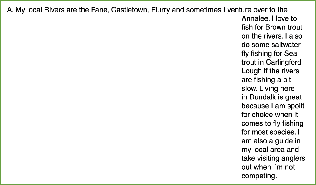 A. My local Rivers are the Fane, Castletown, Flurry and sometimes I venture over to the Annalee. I love to fish for B...