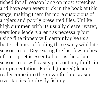 fished for all season long on most stretches and have seen every trick in the book at this stage, making them far mor...